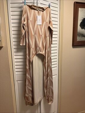 Manaola- He’Ola Collection Tan and Cream Geometric High Low  Dress